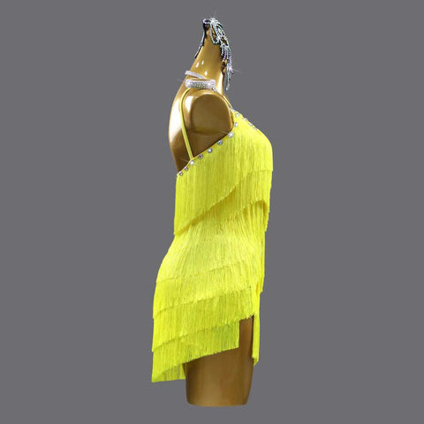 Yellow Latin Dance Dresses for Women Girls Diamond Salsa Rumba Chacha Fringed Skirt Solo Dance Costumes