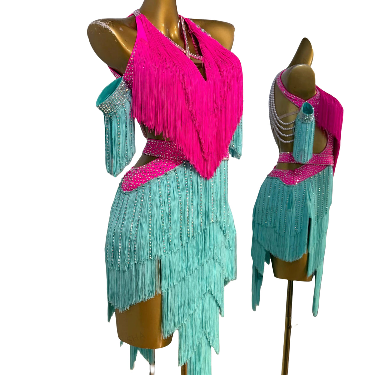 Custom Size Blue Pink Fringe Competition Latin Dance Dresses for Women Girls Salsa Rumba Blackpool Dance Costume