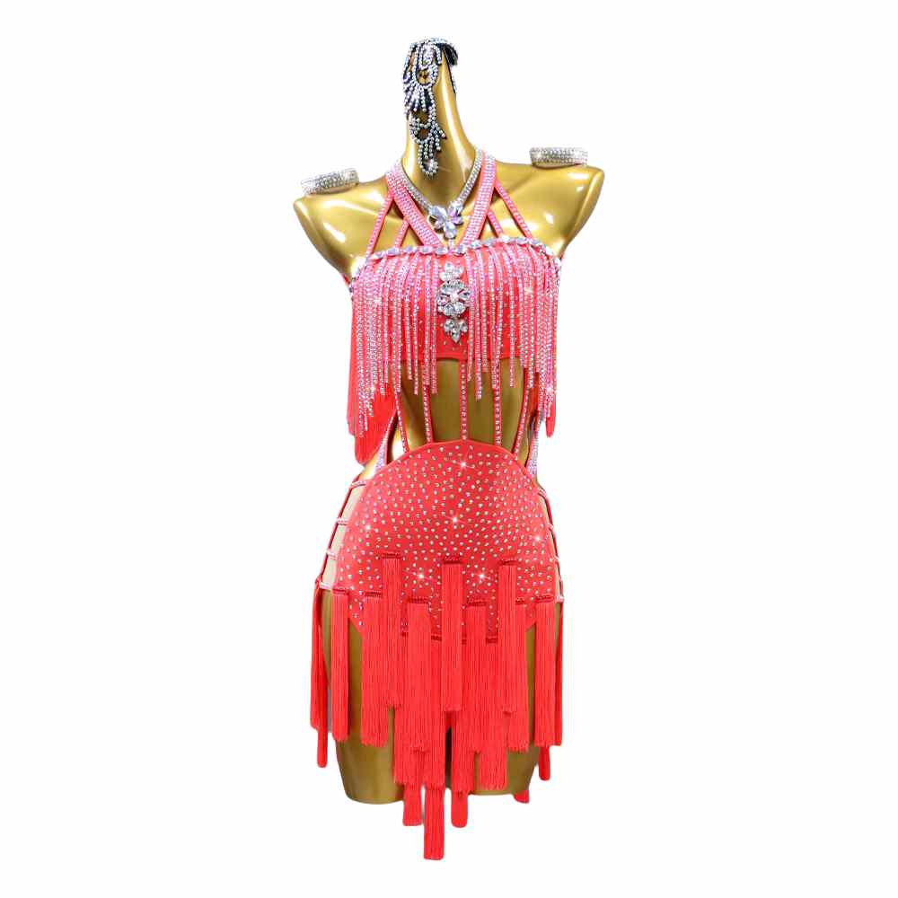 Coral Fringe Competition Latin Dance Dress for Girls Kids Adult Performance Clothing  Salsa Rumba Chacha Dancing Clothing Blackpool Regulations Dance Wear