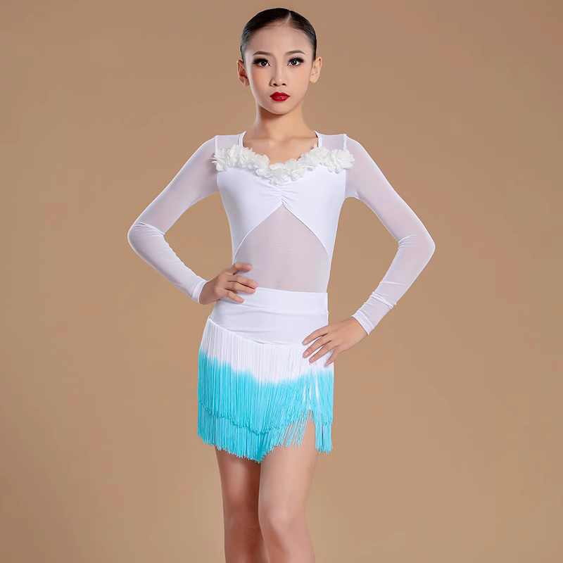 White blue Gradient fringe flowers Latin dance dresses fpr girls kids salsa rumba chacha modern dance performance outfits for kids