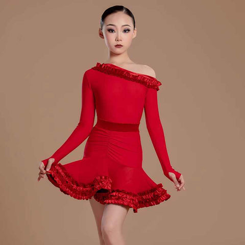 Girls Red Color Latin Dance Dresses Slant Neck Long Sleeeves Salsa Rumba Chacha Party Performance Costumes for Kids