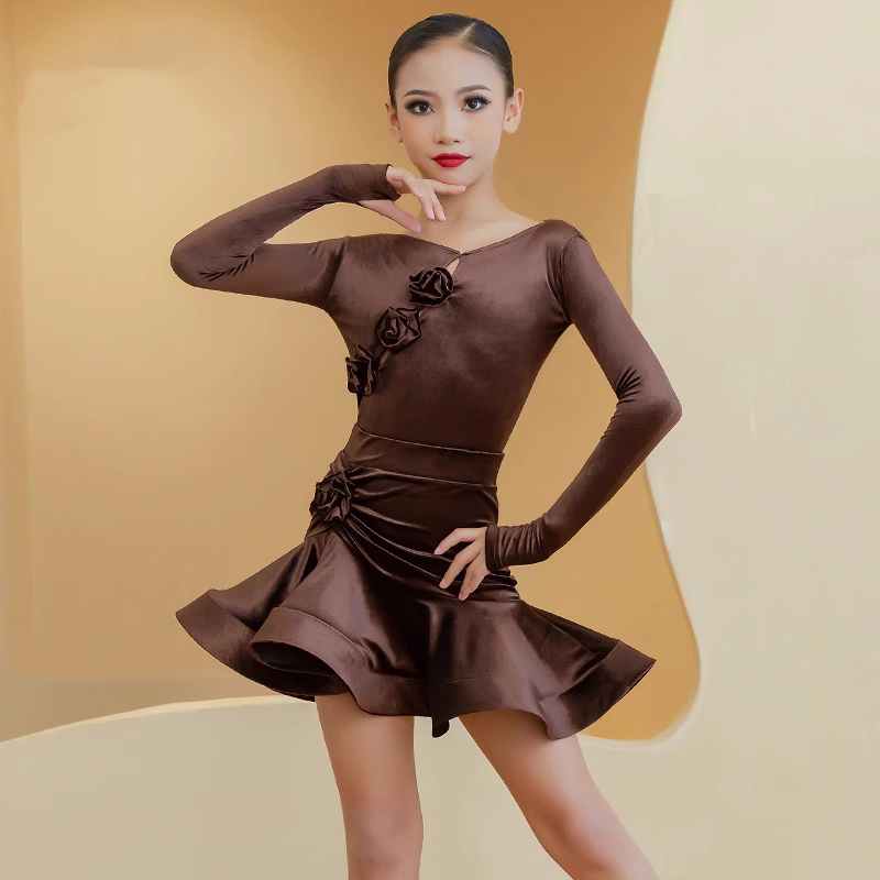 Children's Coffee Velvet Flowers Latin Dance Dresses for Kids Children Long-sleeved Ballroom Salsa Samba Performance Clothes Grade Examination Regulations Wear