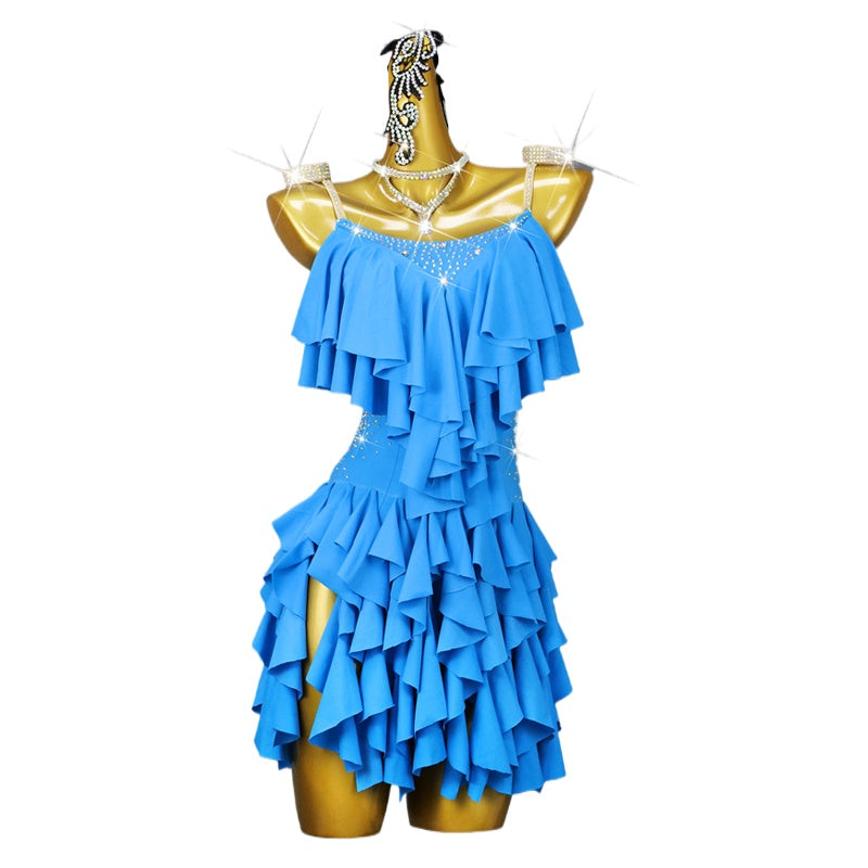 Turquise Ruffles Fringe Latin Dance Dresses for Women Girls Salsa Rumba Chacha Latin Performs Costumes