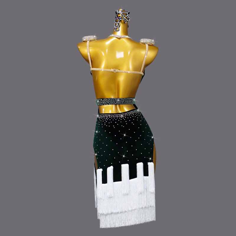 Women Girls Latin Dance Performance Competition Dresses Dark Green Velvet with White Fringe Bling Salsa Rumba Chacha Performance Costumes