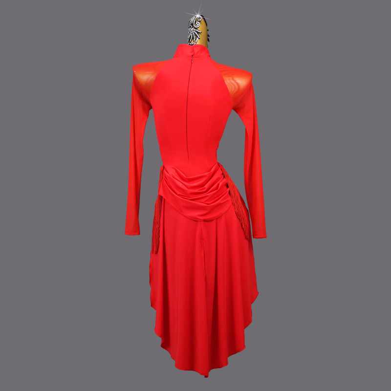 Red Fringe Latin Dance Dresses for Women Girls Slasa long sleeves Rumba Chacha Tassel Tuxedo Dress Solo Dance Costumes