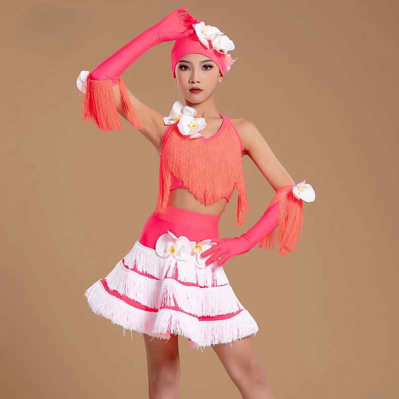 Coral Fringe Competition Latin Dance Dresses for Girls Kids Salsa Rumba Chacha Pleated Skirt Party Dress Performance Modern Dance Outfits for Kids