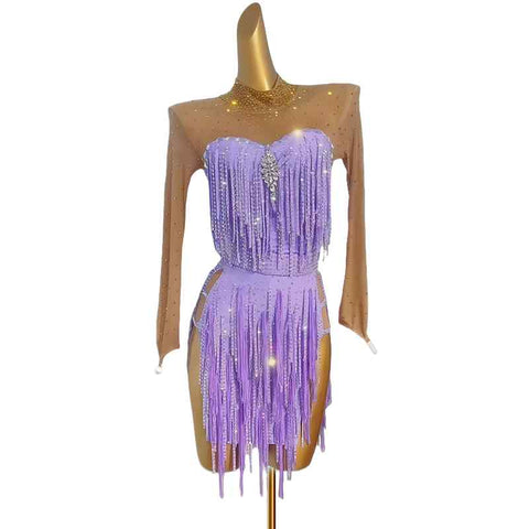 Custom Size Lavender Bling Fringed Latin Dance Dresses for Women Girls Ballroom Latin Performance Costumes Salsa Rumba Chacha Dancing Outfits