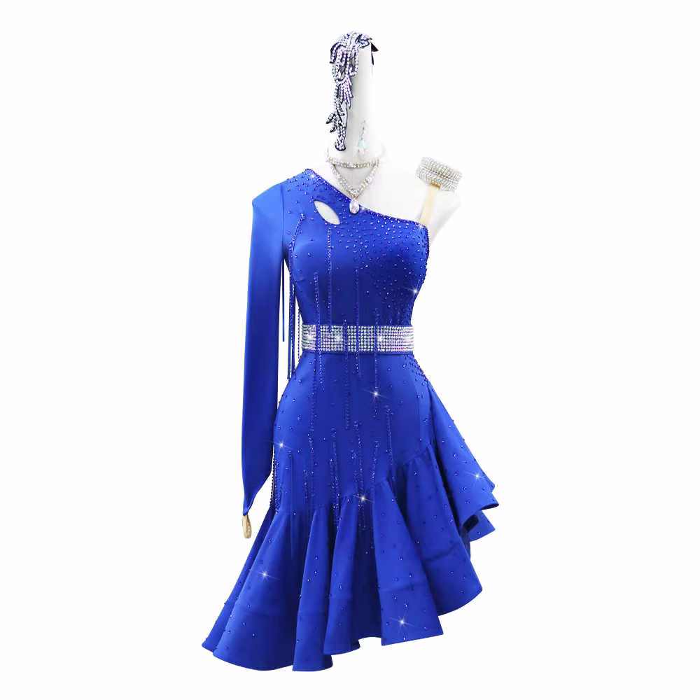 Custom Size One Shoulder Competition Latin Dance Dresses Sparkling Fringe Blue Red Black Salsa Rumba Latin Dancing Costumes for Women Girls Kids