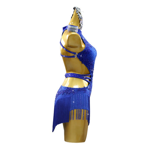 Custom Size Slant Neck Royal Blue Fringe Competition Latin Dance Dresses for Women Girls Latin Salsa Cha Cha Rumba Performance Costumes