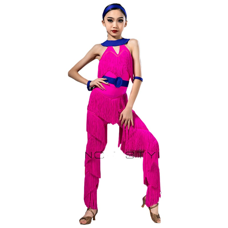 Hot Pink Blue Fringe Latin Dance Costumes for Kids Girls Salsa Rumba Chacha Dancing Jumpsuit Modern Performance Rompers for Children