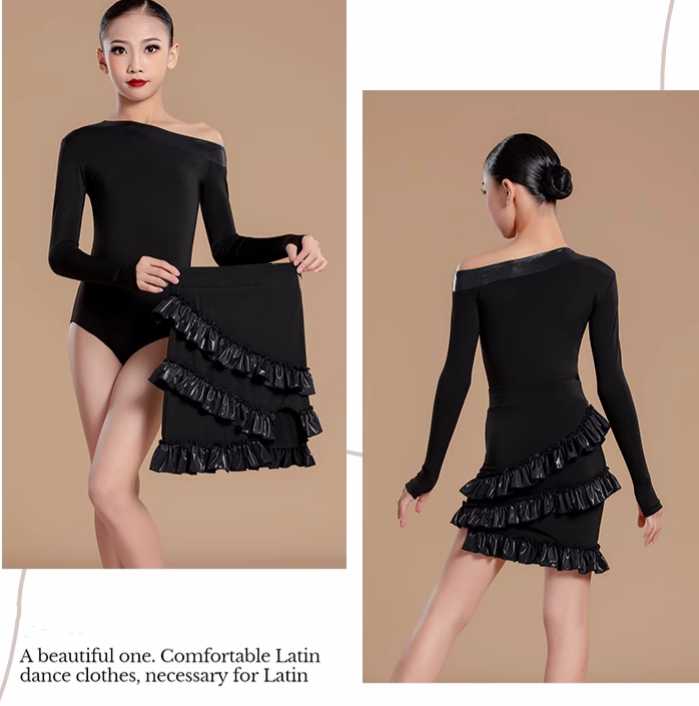 Black Slant Neck Ballroom Latin Dance Dresses for Girls Kids Salsa Rumba Chacha Long-sleeved Clothes Modern Dance Outfits for Children