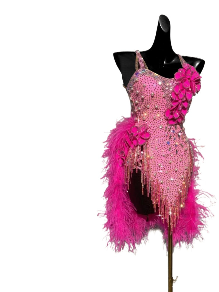 Custom Size Pink Feather Rhinestones Latin Dance Competition Dresses for Women Girls Salsa Rumba Chacha Latin Performance Clothing