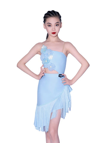 Girls Light Blue Flowers Fringe Latin Dance Dresses Slant Neck Salsa Rumba Cha Cha Dance Costumes for Kids