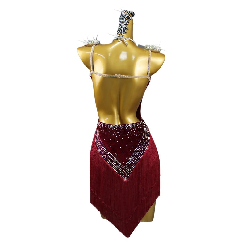 Wine Velvet Competition Latin Dance Dresses for Women Girls Latin Salsa Rumba Chacha Fringe Professional Performance Outfits