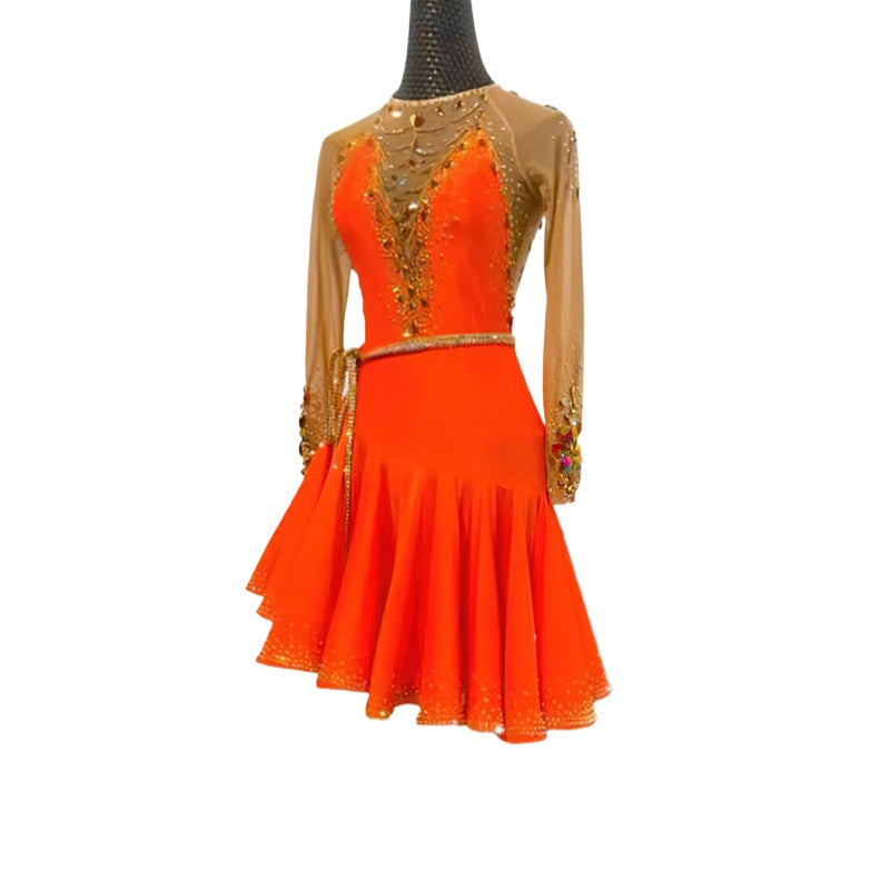 Custom Size Orange Fuchsia Rhinestones Latin Dance Dresses for Women Girls Kids Cha Cha Latin Ballroom Rumba Salsa Performance Costumes