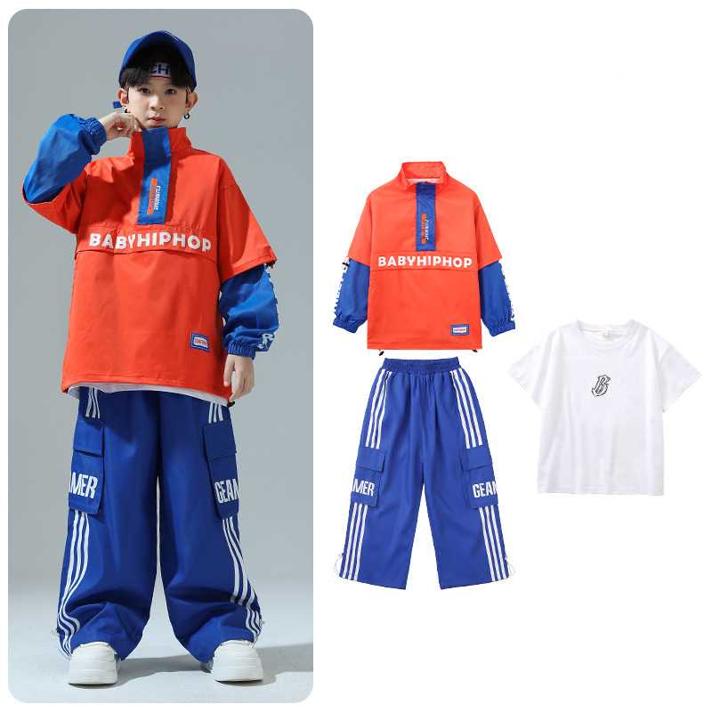 Girls Boys Hip Hop Jazz Dance Costumes Orange Blue Cheerleading Performance Class Uniforms Kids Rapper Singers Gogo Dancers Outfits