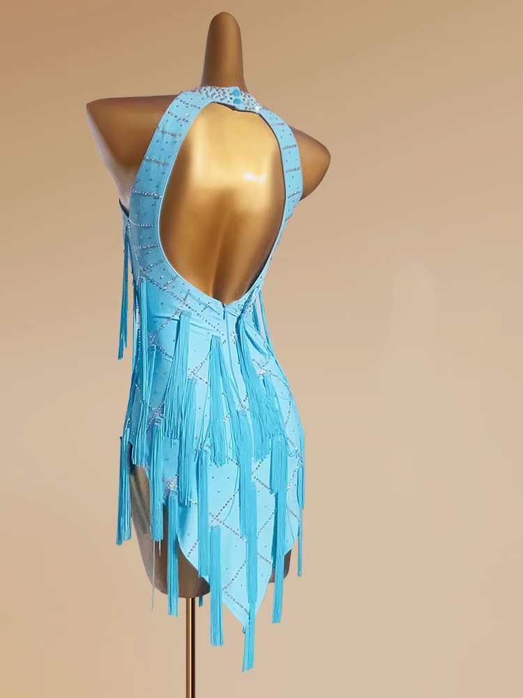 Custom size Turquoise comeptition Tassel Latin Dance dresses for girls women Adult salsa rumba chacha Performance Costume solo dance clothes