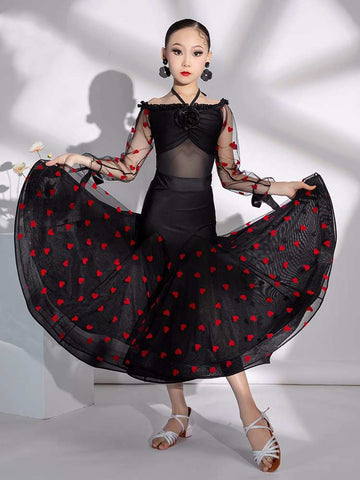 Girls mint green black red polka dot ballroom dance dresses for children kids modern latin ballroom dance performance outfits big skirt