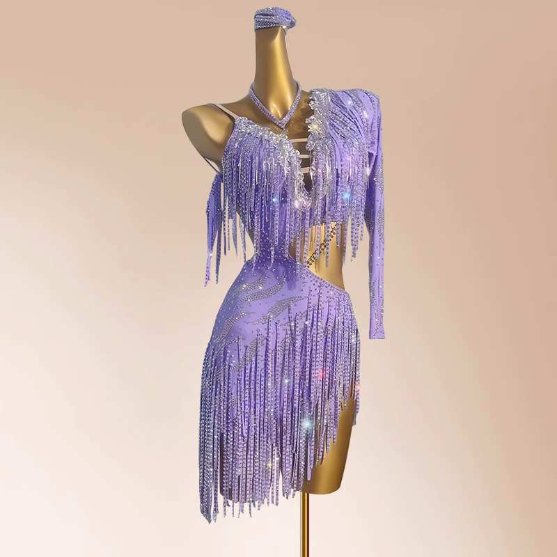 Custom Size Orange Lavender Fringe Latin Dance Dresses for Women Girls Kids Slant Neck Bling Salsa Rumba Chacha Performance Costumes