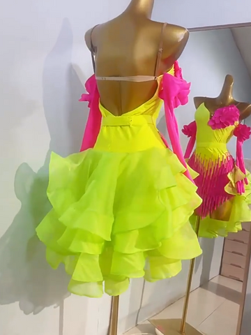 Custom Size Girls Kids Pink Yellow Competition Latin Dance Dresses Salsa Rumba Chacha Ruffles Flower Dancing Costumes Party Dance Skirt