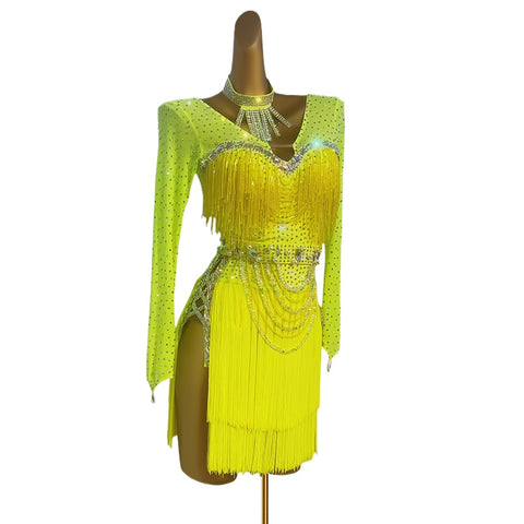 Custom Size Competition Neon Yellow Latin Dance Dresses Women Girls Blackpool Salsa Rumba Chacha Rhythm Performance Wear