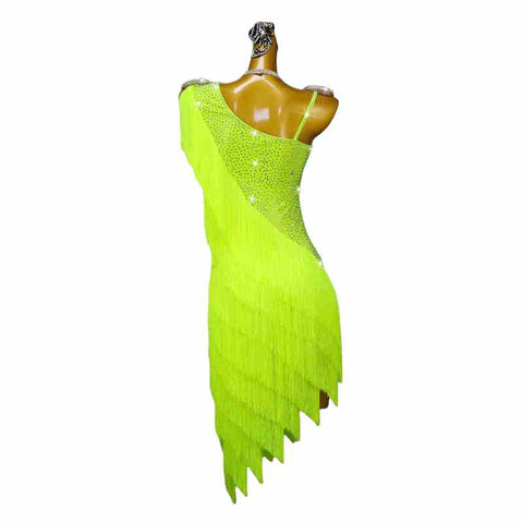 Fluorescent Yellow Professional Latin Dance Competition Dresses for Women Girls One Shoulder Slant Neck Salsa Rumba Chacha Dance Fringed Outfits