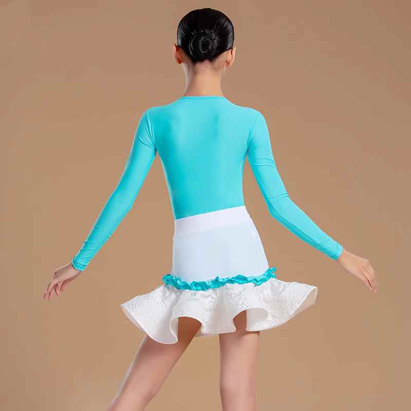 Turquoise White Lace Latin Dance Dresses for Girls Kids Salsa Rumba Chacha Performance Outfits Party Dancing Fancy Dress Ball Gown