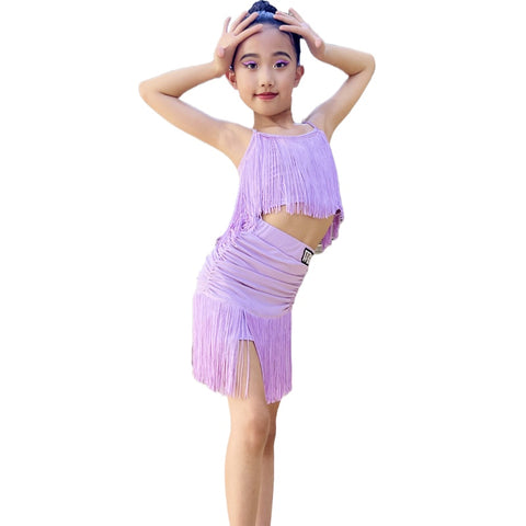 Girls Latin Dance Dresses Fringe Lavender Color Salsa Rumba Chacha Latin Performance Outfits for Kids