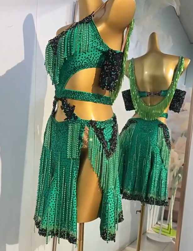 Custom Size Green Fringe Competition Latin Dance Dresses for Women Girls Salsa Rumba Chacha Samba Stones Performance Costumes