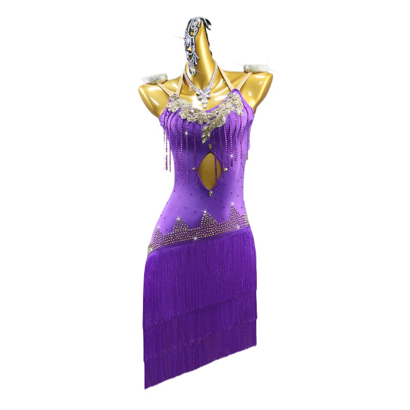 Violet Fringe Competition Latin Dance Dresses for Women Girls Salsa Rumba Chacha Latin Professional Dance Stage Performance Clothing