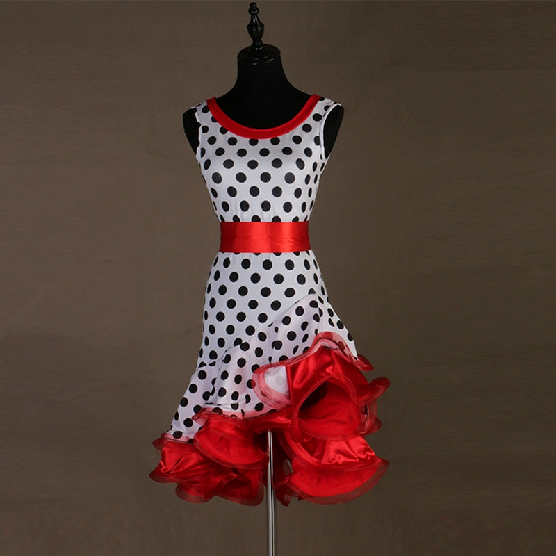 Red hot pink polka dot Latin dress for women girls sexy three-step professional latin rumba chacha performance dress customizable for children