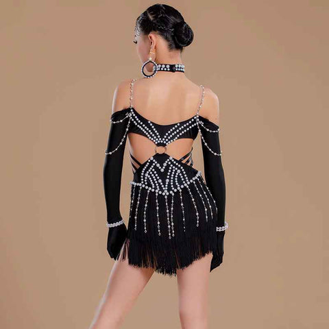 Pearl Black Latin Dance Dresses for Girls Kids Salsa hollow shoulder Rumba Chacha Ballroom Professional Competition Dance Outfits for Children