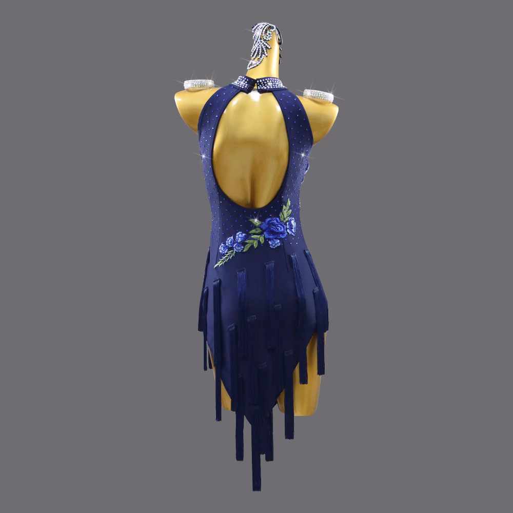 Navy Flowers Latin Dance Competition Dresses for Women Girls Halter Neck Sleeveless Salsa Rumba Chacha Solo Performance Outfits