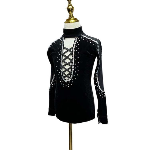 Children's Latin Dance Shirts Boys Black Velvet Rhinestones Ballroom Latin Grading Competition Performance Tops Modern Dance Shirt for Kids