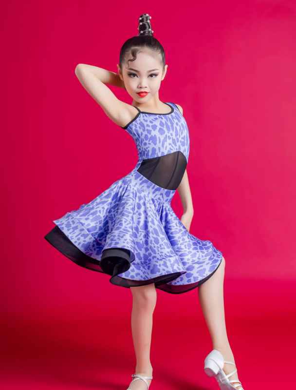 Latin Dance Dress for Girls Slant Neck Blue Purple Leopard Print Salsa Chacha Rumba Performance Costumes Split Set Party Dancing Outfits for Kids