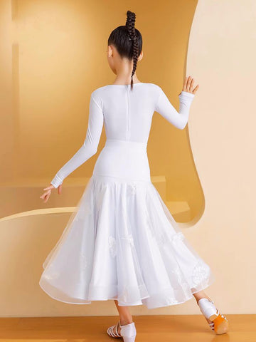 Academic white girls kids national ballroom dance dreses feather waltz tango competition long swing skirts for Children