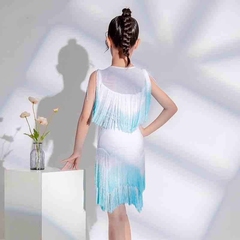 Blue Gradient Fringe Competition Latin Dance Dresses for Kids Girls Children Professional Ballroom Salsa Rumba Chacha Dance Outfits for Children