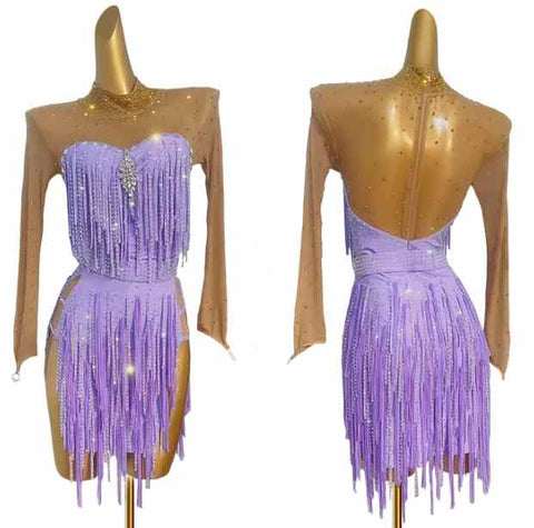 Custom Size Lavender Bling Fringed Latin Dance Dresses for Women Girls Ballroom Latin Performance Costumes Salsa Rumba Chacha Dancing Outfits