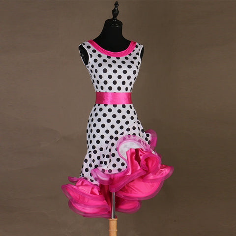 Red hot pink polka dot Latin dress for women girls sexy three-step professional latin rumba chacha performance dress customizable for children