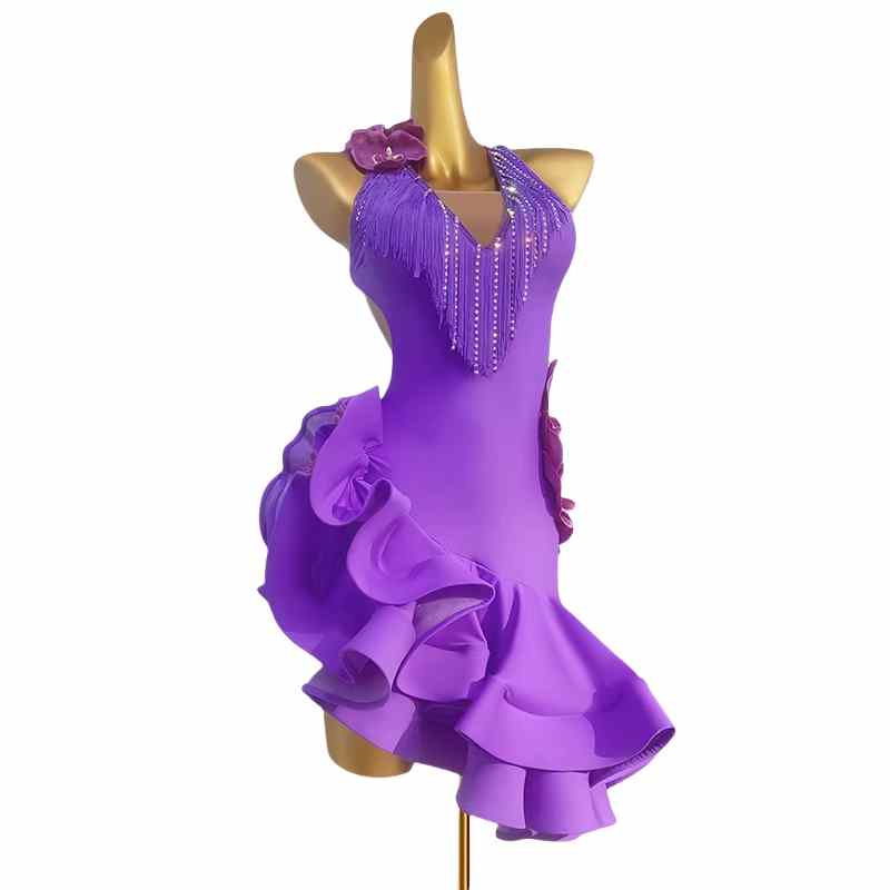 Custom Size Competition Purple Ruffles Latin Dance Dresses for Women Girls Kids Salsa Rumba Dancing Clothes Art Test Fringed Skirts