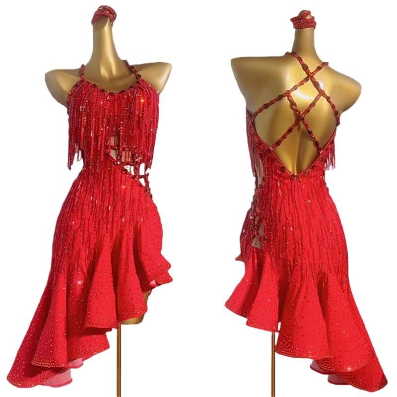 Custom Size Red Yellow Fringe Competition Latin Dance Dresses for Women Girls Kids Salsa Rumba Black Pool Dancing Outfits