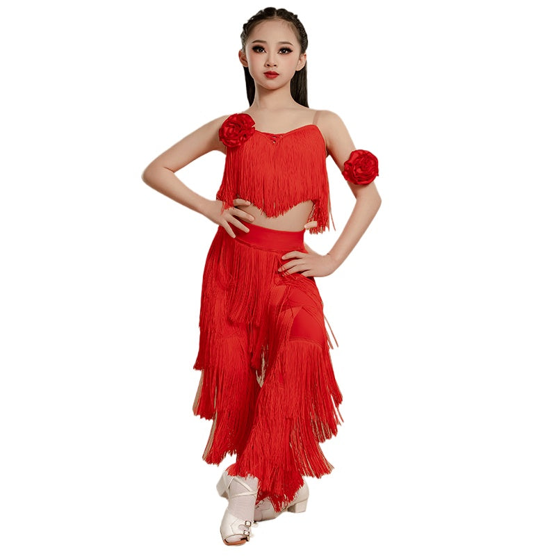 Yellow Red Fringe Latin Dance Dresses for Girls Kids Salsa Chacha Rumba Ballroom Dance Professional Costumes Tops and Pants