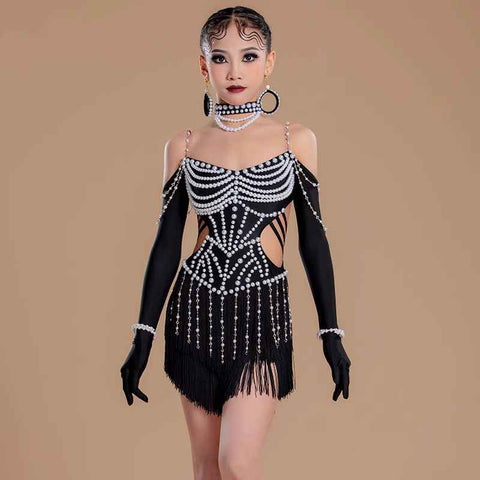 Pearl Black Latin Dance Dresses for Girls Kids Salsa hollow shoulder Rumba Chacha Ballroom Professional Competition Dance Outfits for Children