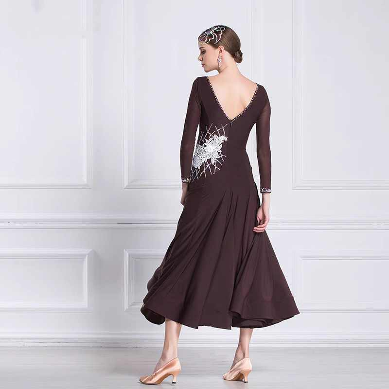 Custom Size Coffee Ballroom Dance Dresses for Women Coffee Color Competition Waltz Tango Rhythm Foxtrot Smooth Dance Long Gown