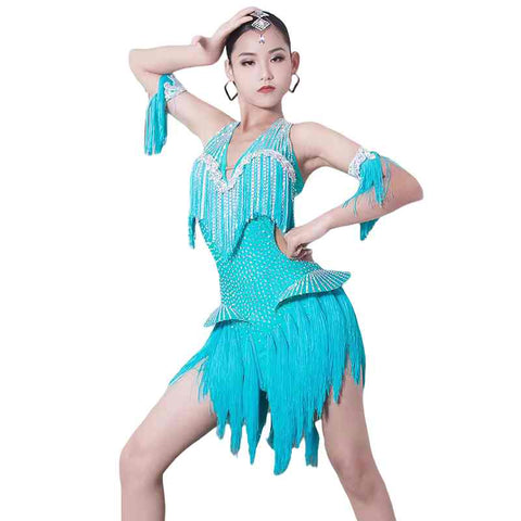 Custom Size Turquoise Fringe Competition Latin Dance Performance Dresses Blackpool Salsa Rumba Chacha Performance Outfits