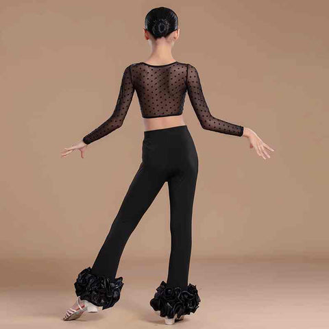 Girls Latin Ballroom Dance Costume Kids Jazz Dance Black Flared Pants Practice Sets Juvenile Salsa Chacha Latin Performance Outfits