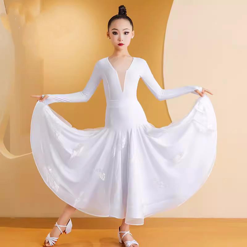 Academic white girls kids national ballroom dance dreses feather waltz tango competition long swing skirts for Children