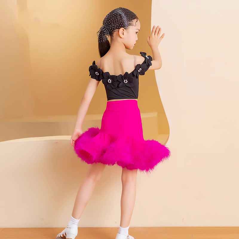 Hot Pink Feather Black Flowers Latin Dance Dresses for Girls Kids Dew Shoulder Salsa Rumba Chacha Ballroom Modern Dancing Outfits Performance Test Clothes