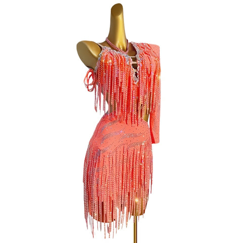 Custom Size Orange Lavender Fringe Latin Dance Dresses for Women Girls Kids Slant Neck Bling Salsa Rumba Chacha Performance Costumes