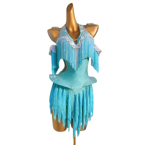 Custom Size Turquoise Fringe Competition Latin Dance Performance Dresses Blackpool Salsa Rumba Chacha Performance Outfits